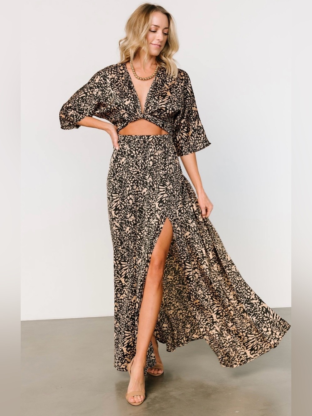 NWT Baltic Born High-Waist Black & Beige Printed Maxi Dress with Side Slit